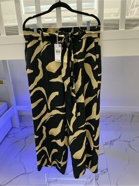 Mango Black and Beige Abstract Print Tie-Waist Pants